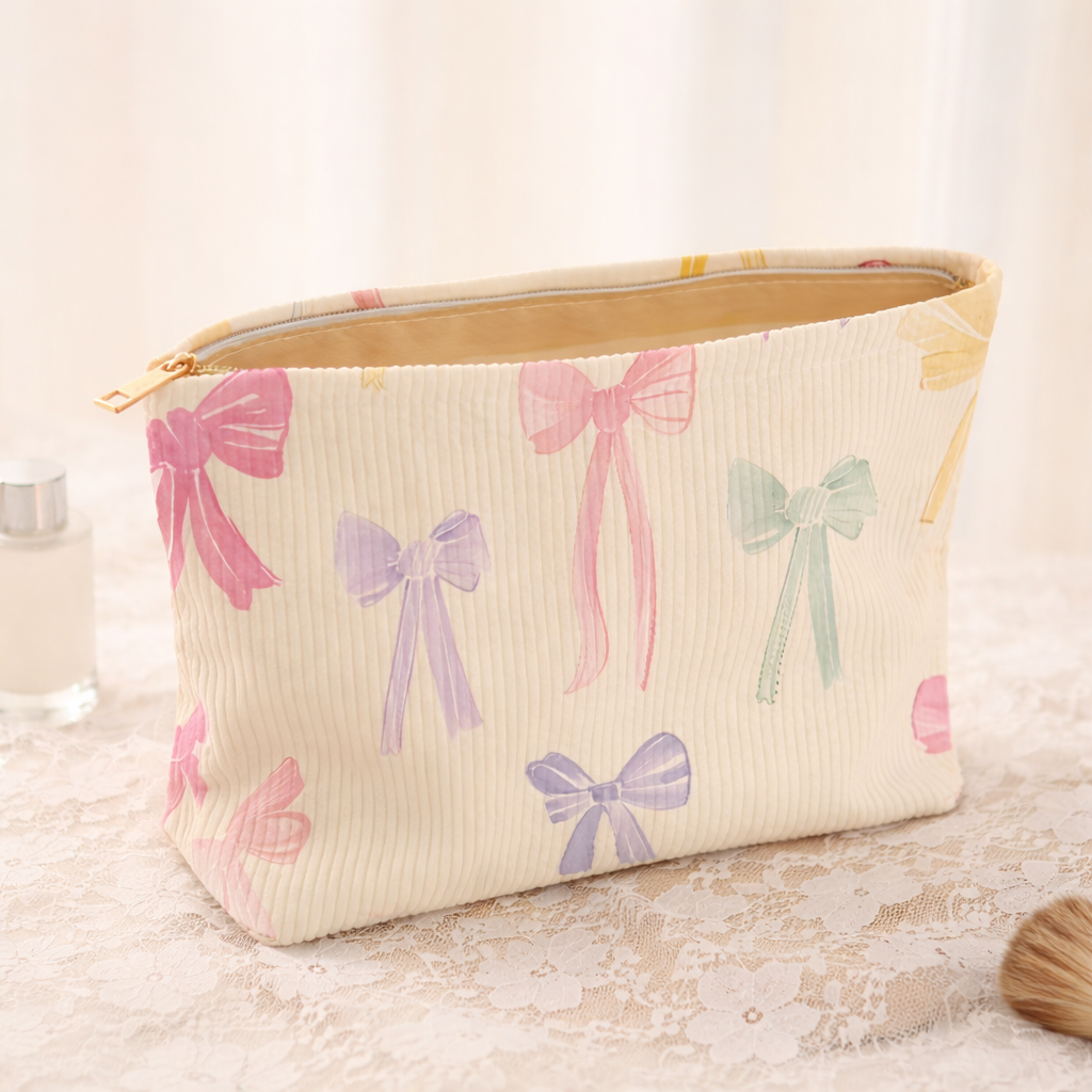 Pastel Bow Quilted Makeup Bag | Zipper Pouch