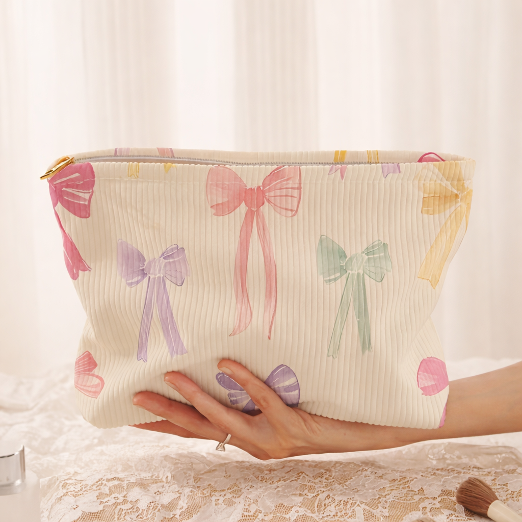 Pastel Bow Quilted Makeup Bag | Zipper Pouch