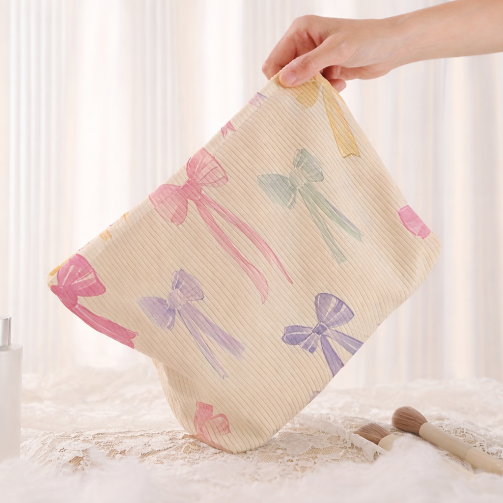 Pastel Bow Quilted Makeup Bag | Zipper Pouch