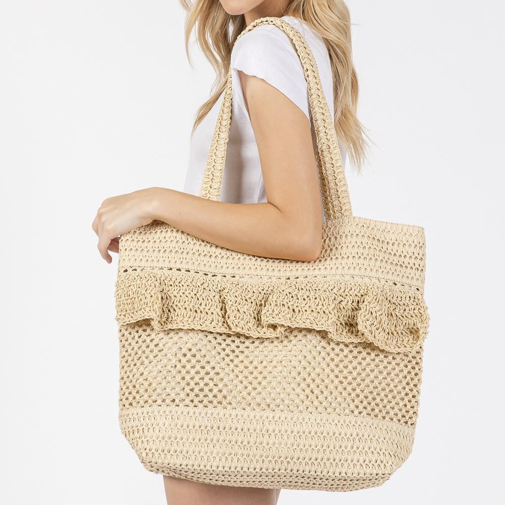 Ruffle Crochet Straw Tote Bag