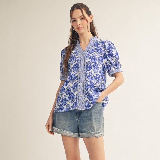 The Royal Statement Button Down Baroque Floral Top