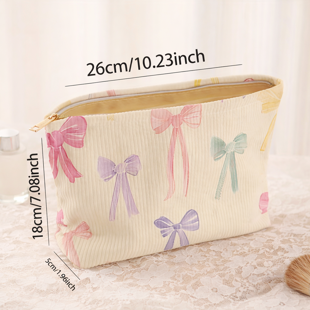 Pastel Bow Quilted Makeup Bag | Zipper Pouch