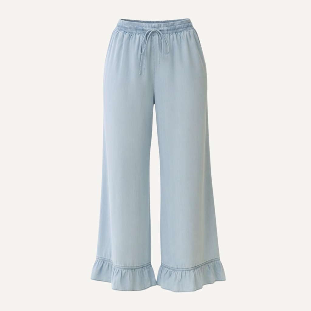 Light Denim Ruffle Hem Wide Leg Pants