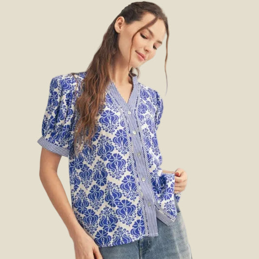 The Royal Statement Button Down Baroque Floral Top