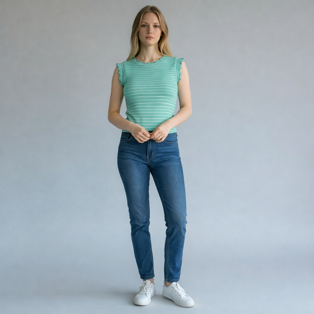 Whimsy Ribbed Lettuce Trim Sleeveless Stripe Top