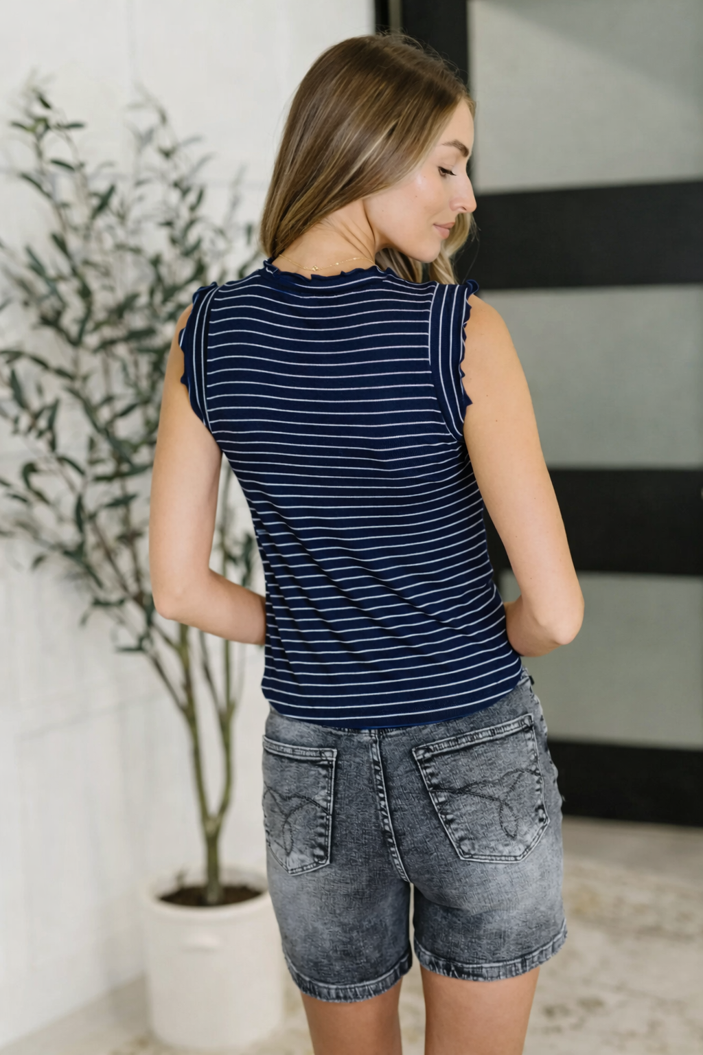 Whimsy Ribbed Lettuce Trim Sleeveless Stripe Top