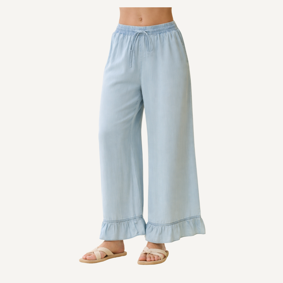 Light Denim Ruffle Hem Wide Leg Pants