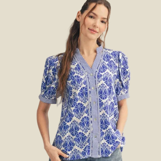 The Royal Statement Button Down Baroque Floral Top