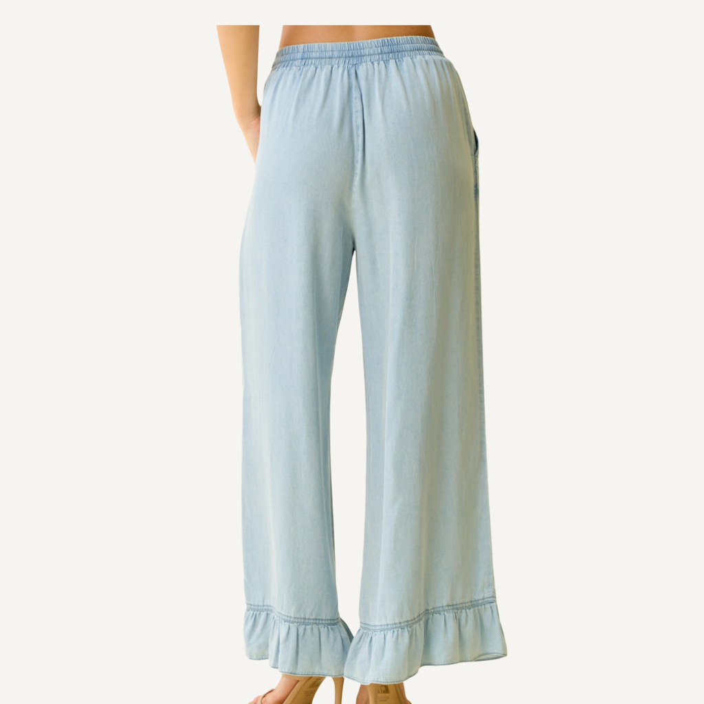 Light Denim Ruffle Hem Wide Leg Pants
