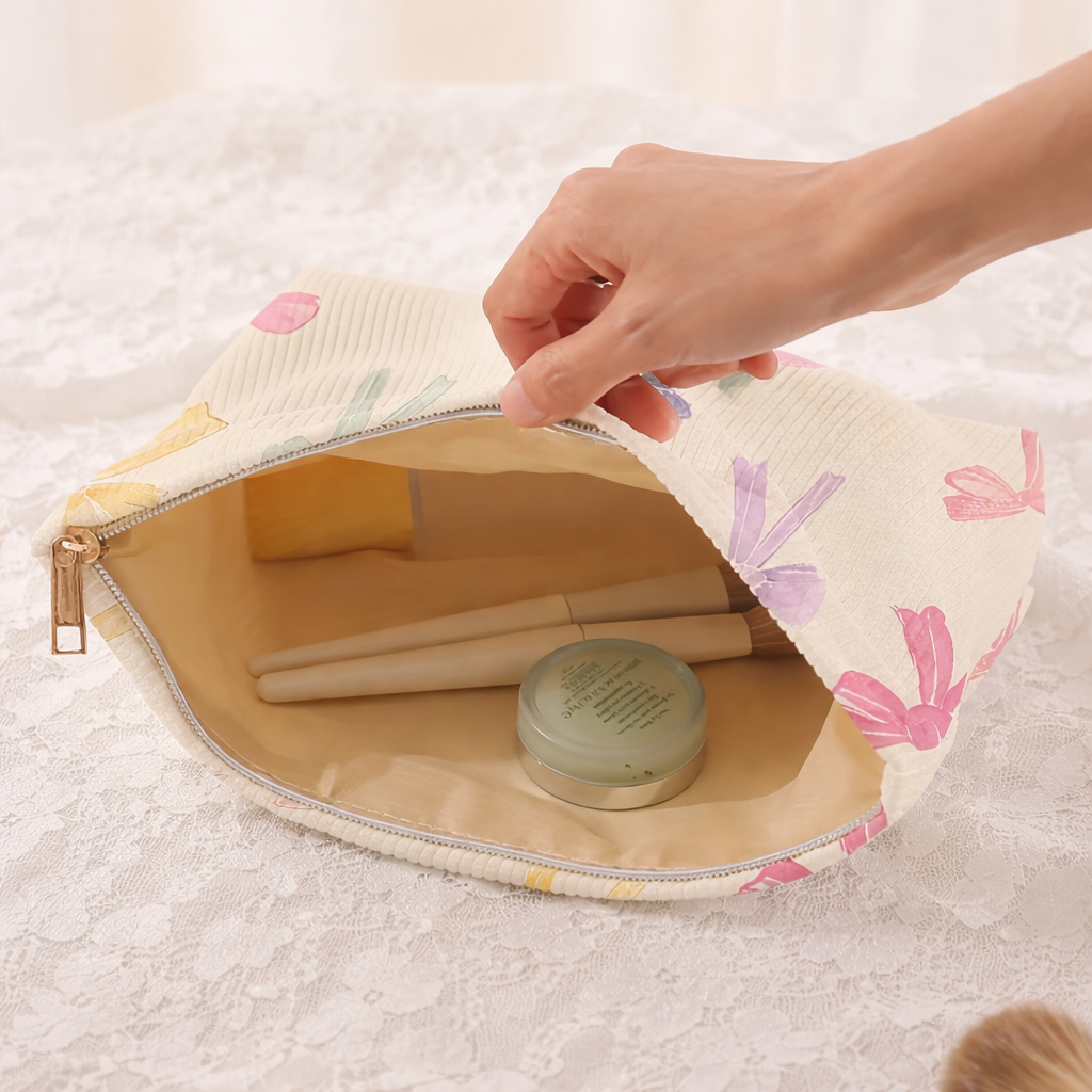 Pastel Bow Quilted Makeup Bag | Zipper Pouch