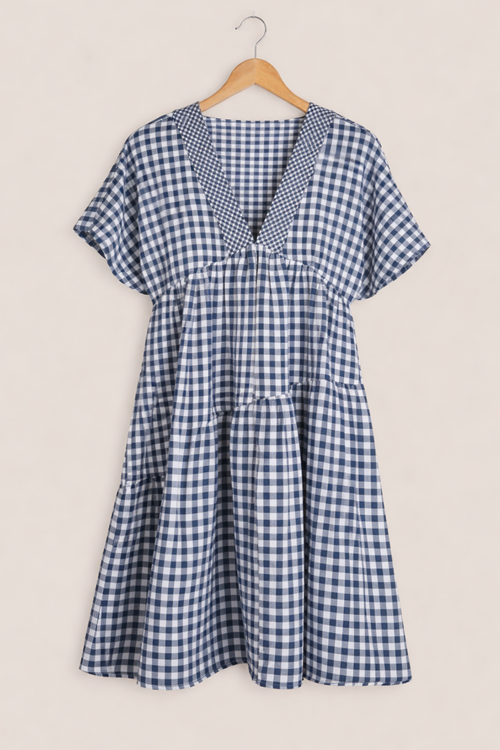 Anthropologie Navy Gingham Tiered V-Neck Midi Dress
