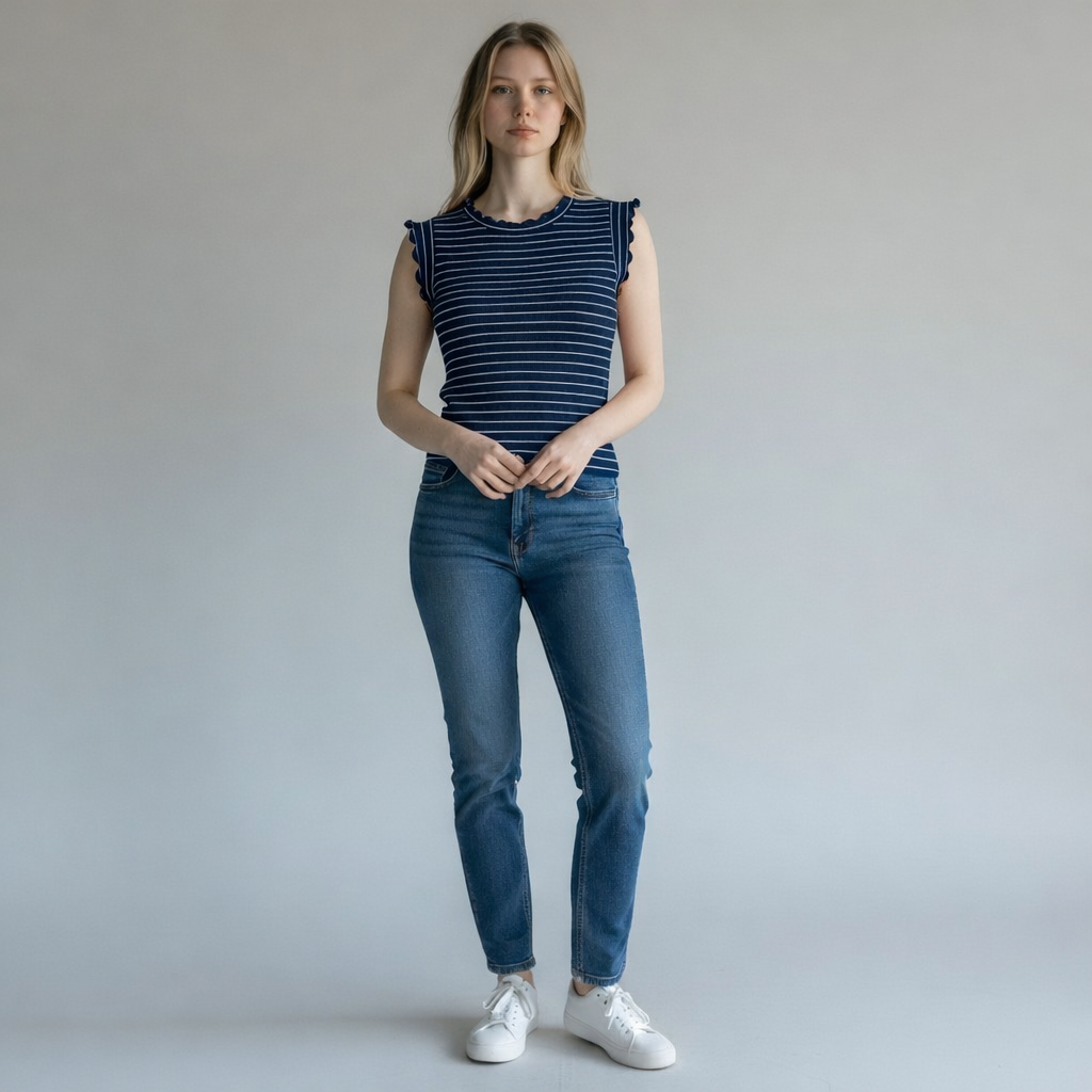Whimsy Ribbed Lettuce Trim Sleeveless Stripe Top
