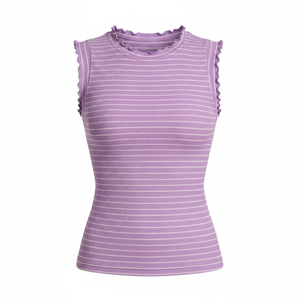 Whimsy Ribbed Lettuce Trim Sleeveless Stripe Top