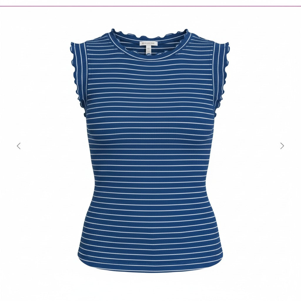 Whimsy Ribbed Lettuce Trim Sleeveless Stripe Top