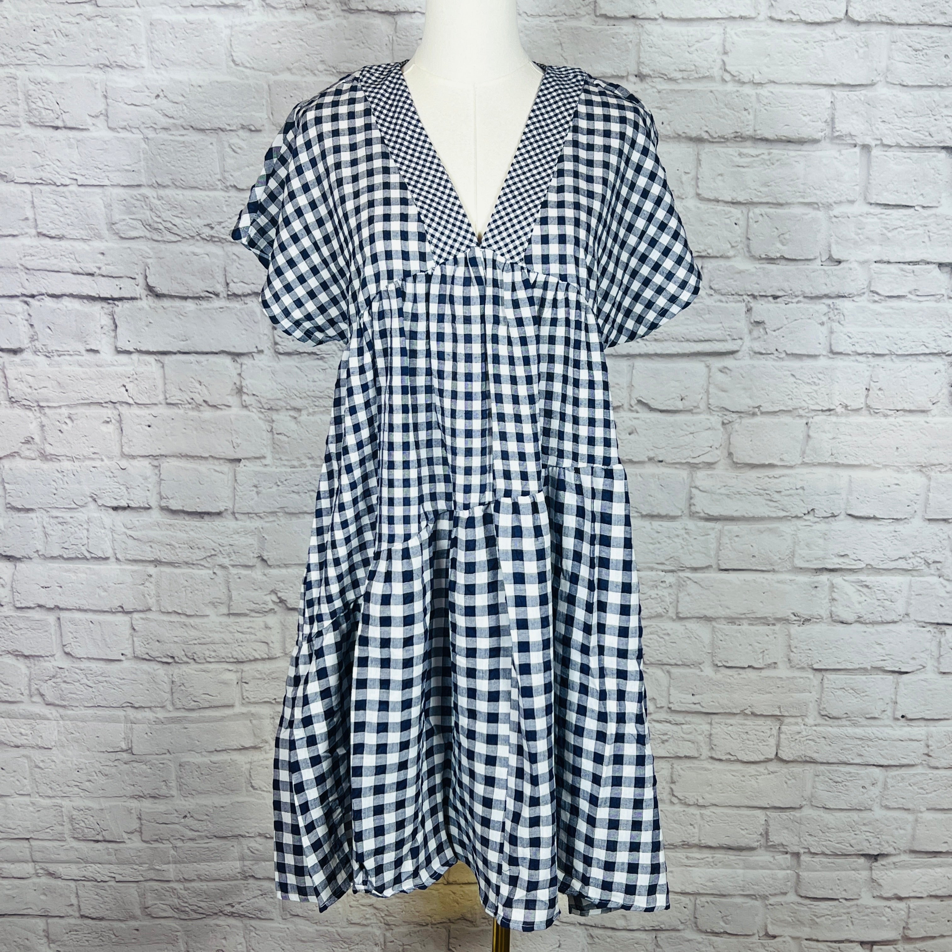 Anthropologie Navy Gingham Tiered V-Neck Midi Dress