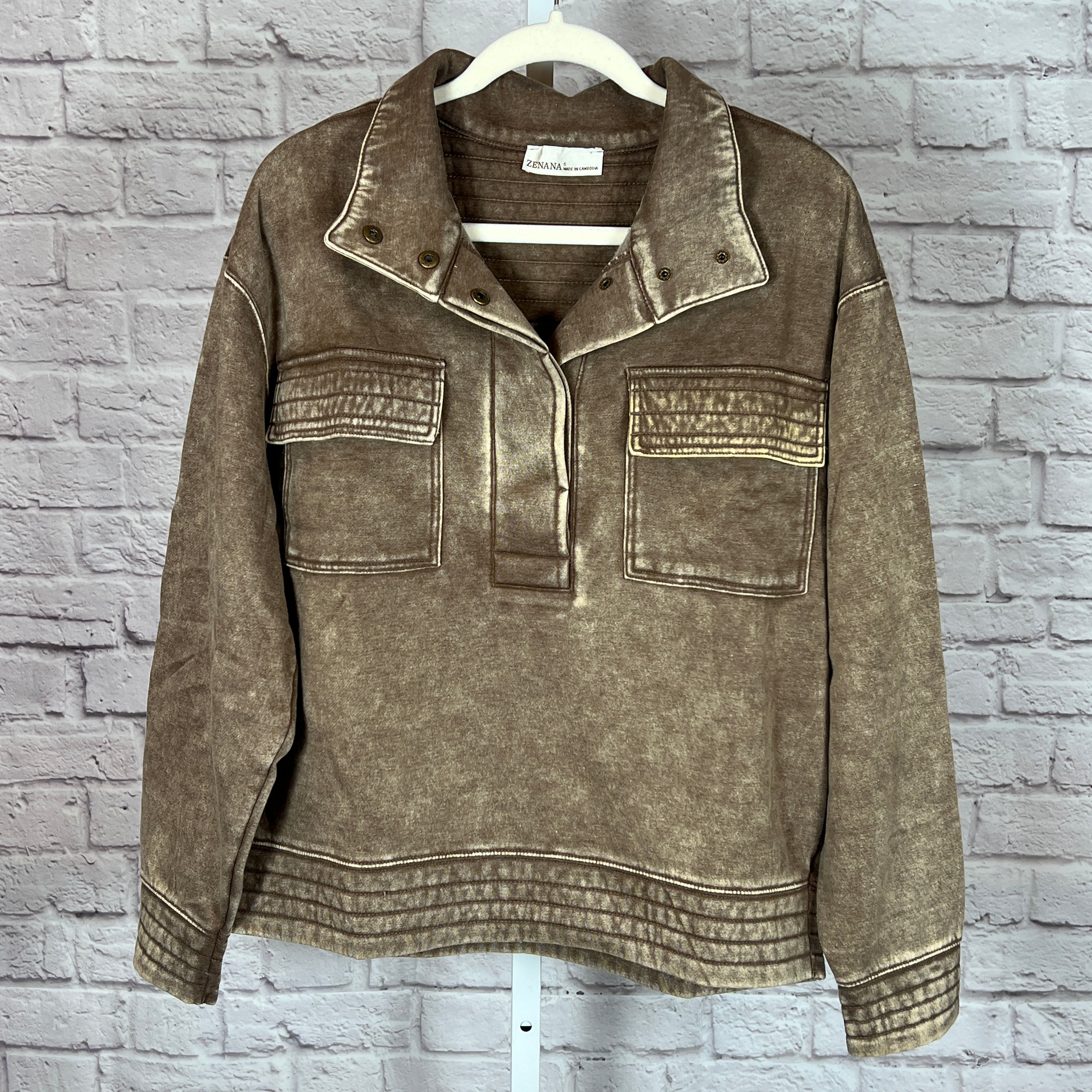 Zenana Washed Collared Pullover in Mocha