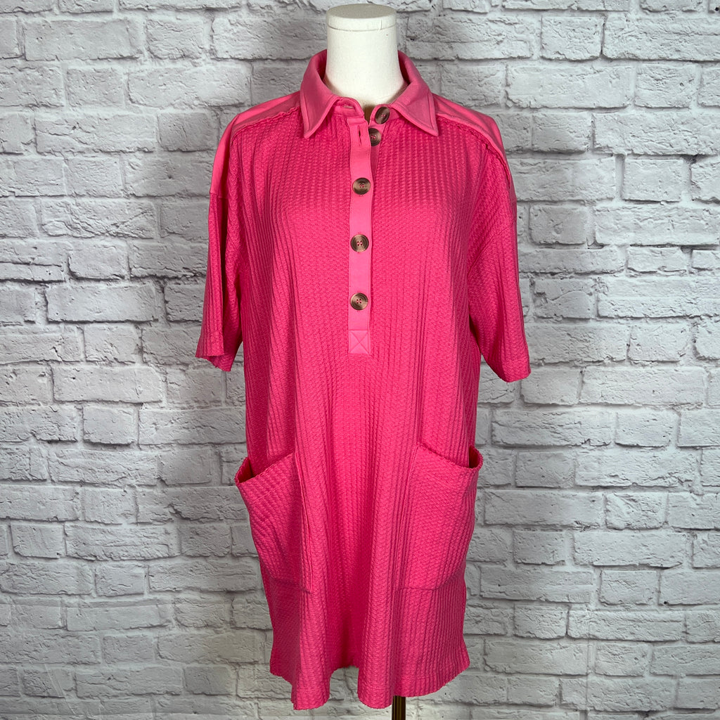Zenana Hot Pink Waffle Collard Knit Dress