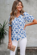 Blue Floral Tassel V-Neck Blouse