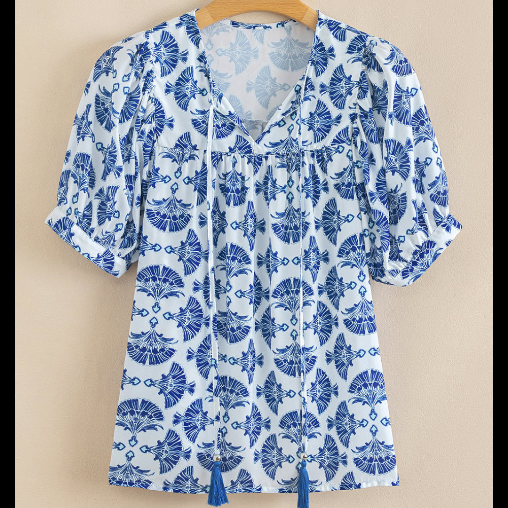 Blue Floral Tassel V-Neck Blouse