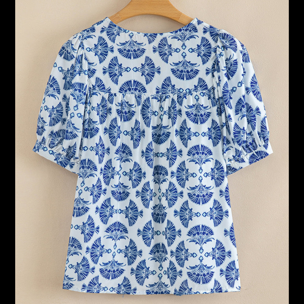 Blue Floral Tassel V-Neck Blouse