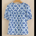 Blue Floral Tassel V-Neck Blouse