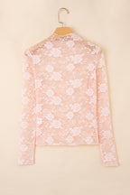 Soft Pink Sheer Lace Mock Neck Top | Long Sleeve