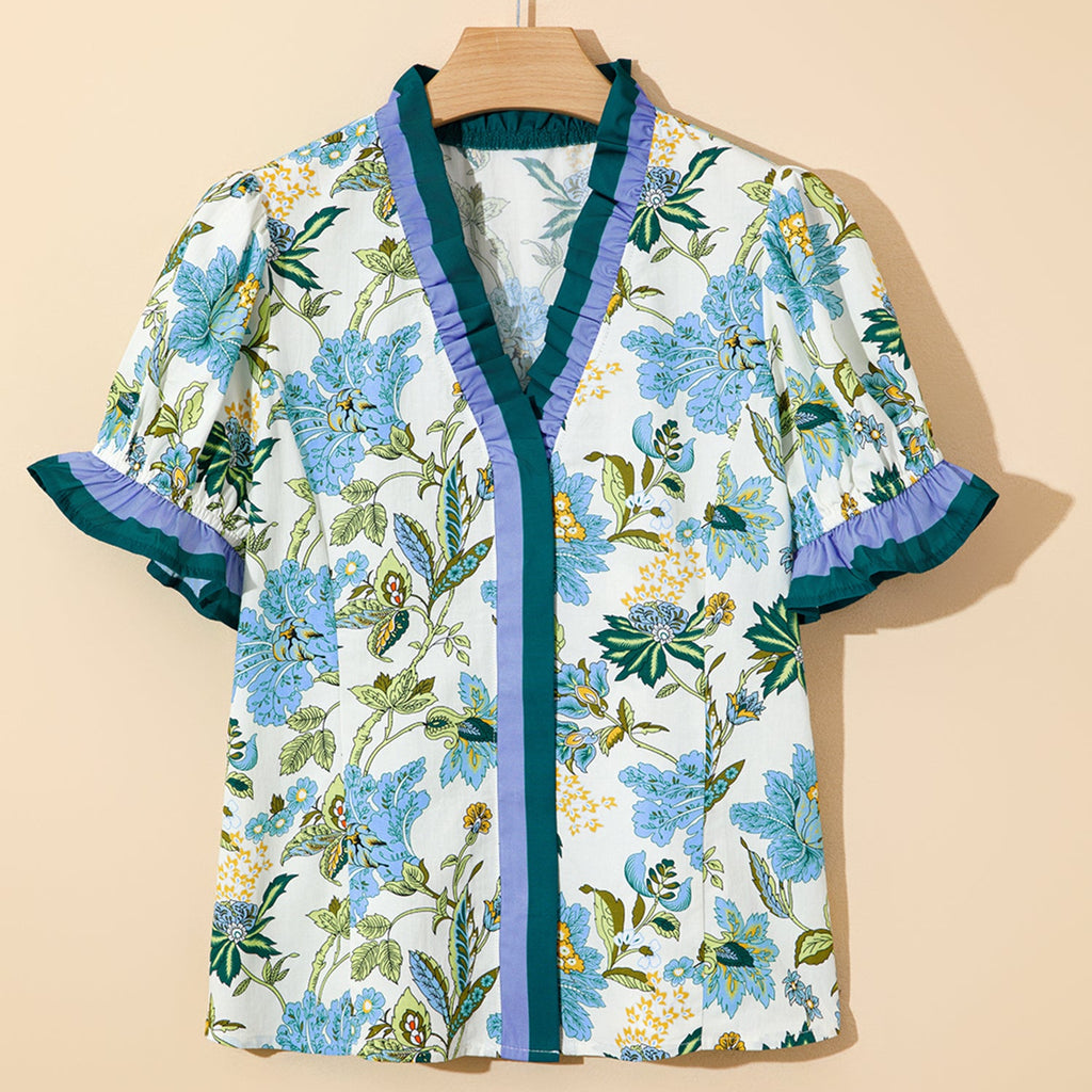 Blue Floral Contrast Trim Blouse | Ruffle Neckline