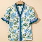 Blue Floral Contrast Trim Blouse | Ruffle Neckline