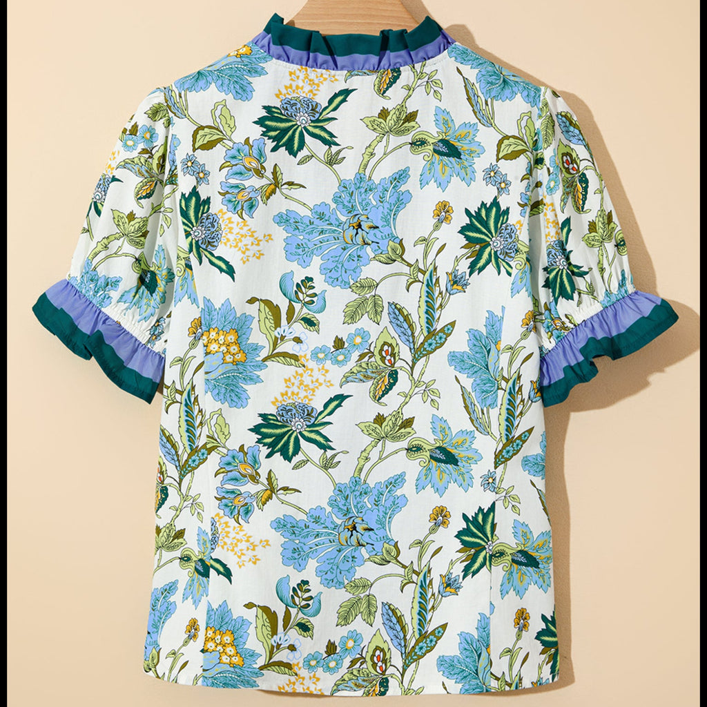 Blue Floral Contrast Trim Blouse | Ruffle Neckline