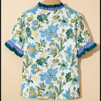 Blue Floral Contrast Trim Blouse | Ruffle Neckline