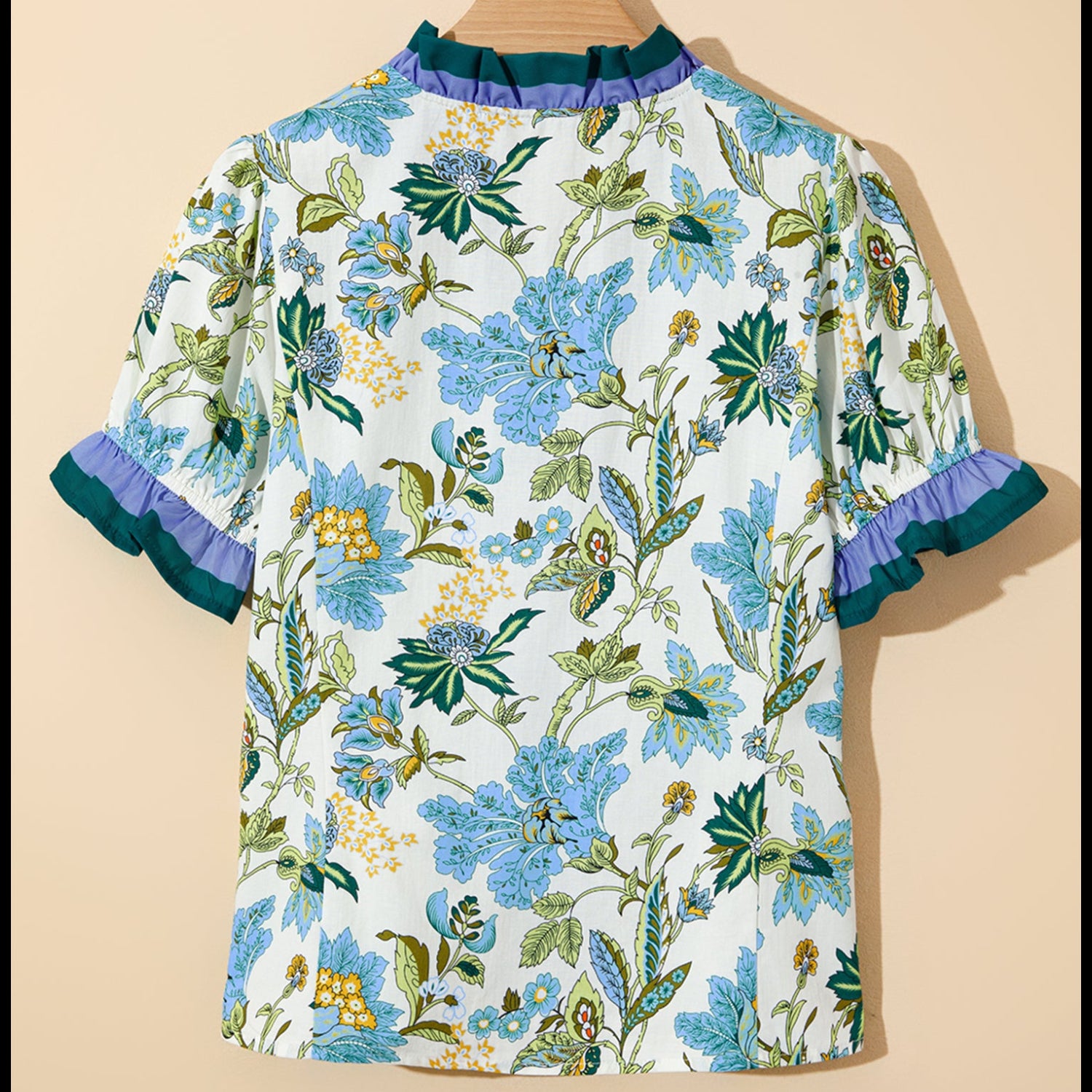 Blue Floral Contrast Trim Blouse | Ruffle Neckline