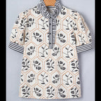 Geometric Floral Contrast Trim Blouse | Button Detail