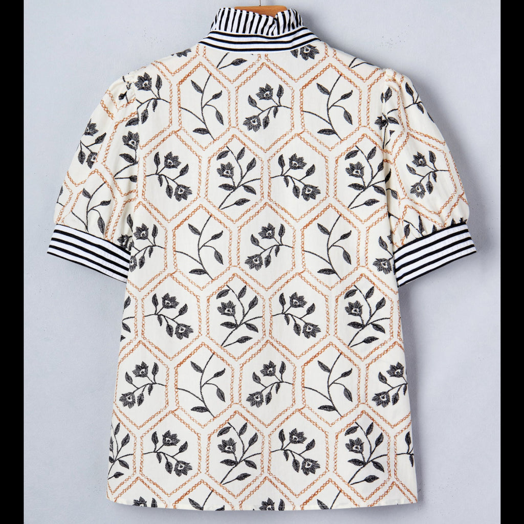 Geometric Floral Contrast Trim Blouse | Button Detail