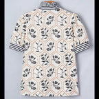 Geometric Floral Contrast Trim Blouse | Button Detail
