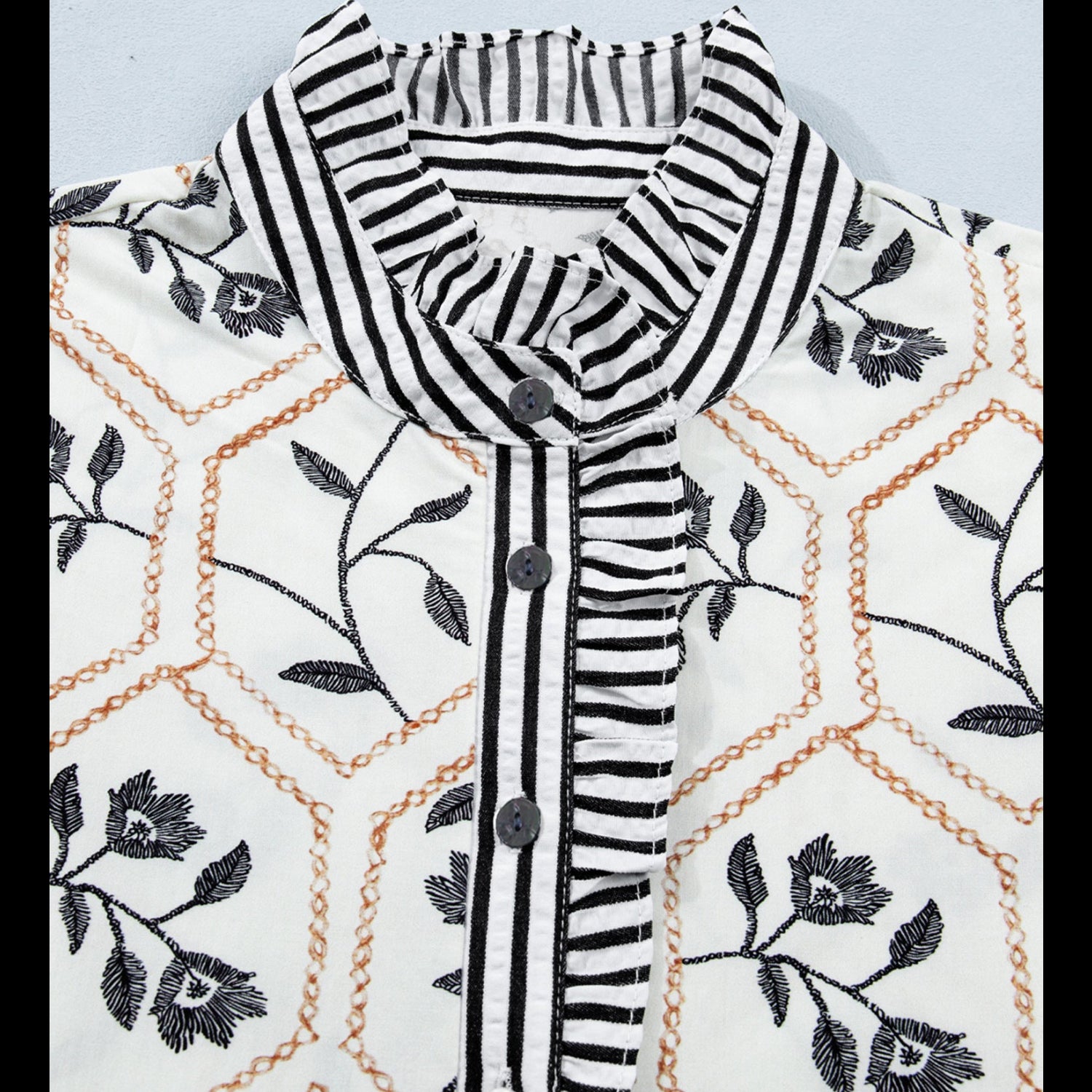 Geometric Floral Contrast Trim Blouse | Button Detail
