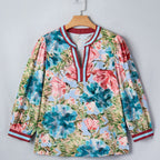 Floral Contrast Trim 3/4 Sleeve Blouse | Split Neck