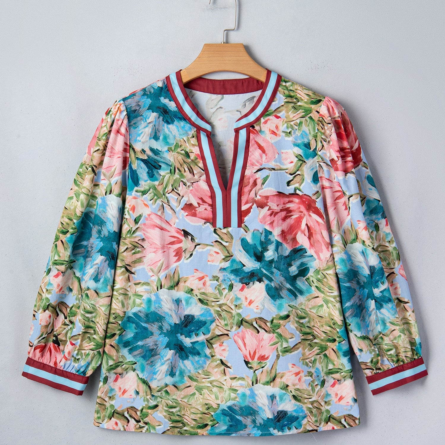 Floral Contrast Trim 3/4 Sleeve Blouse | Split Neck
