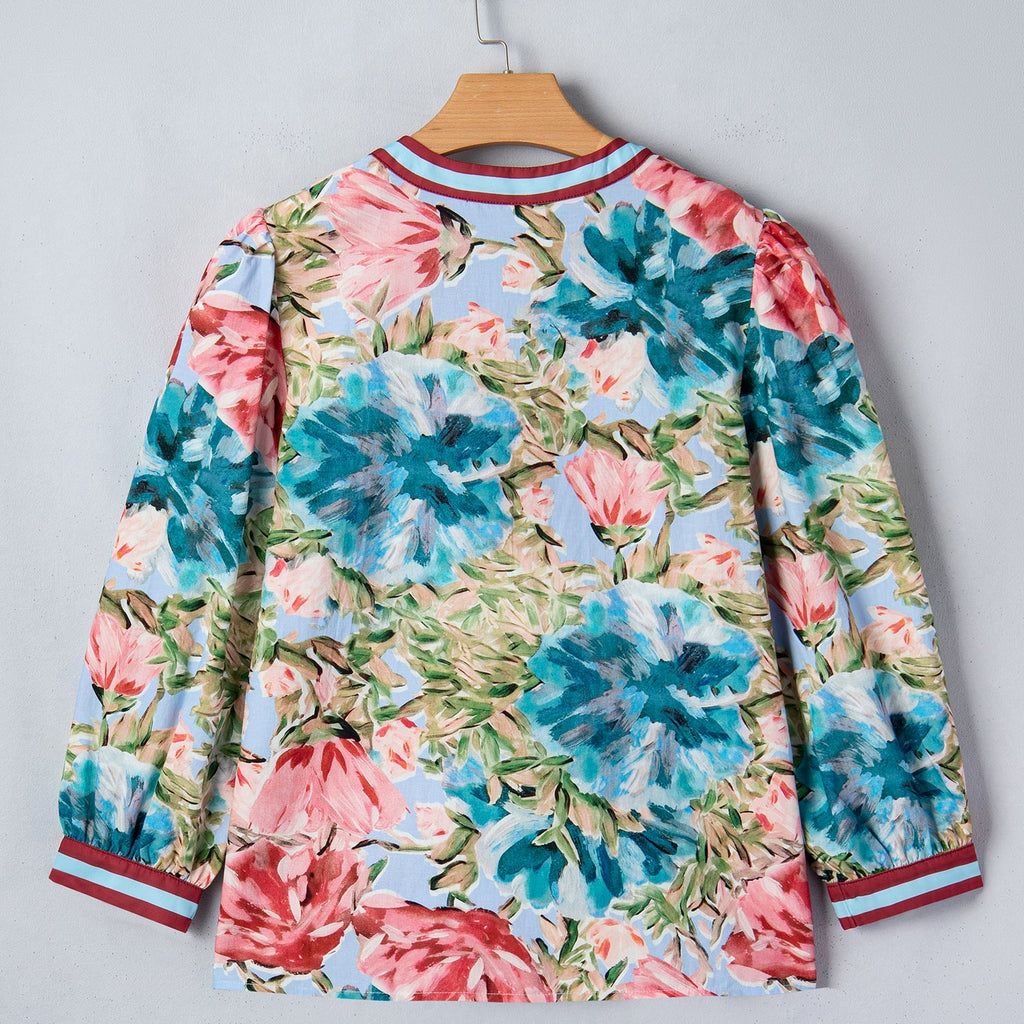 Floral Contrast Trim 3/4 Sleeve Blouse | Split Neck