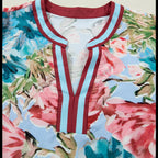 Floral Contrast Trim 3/4 Sleeve Blouse | Split Neck