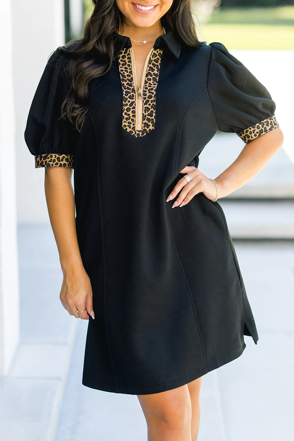 Leopard Trim Zip Collar Mini Dress | Puff Sleeve