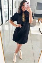 Leopard Trim Zip Collar Mini Dress | Puff Sleeve