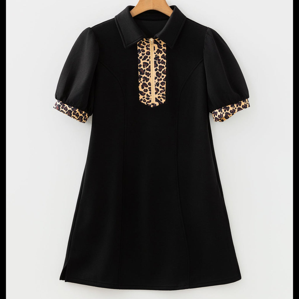 Leopard Trim Zip Collar Mini Dress | Puff Sleeve
