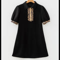 Leopard Trim Zip Collar Mini Dress | Puff Sleeve