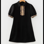 Leopard Trim Zip Collar Mini Dress | Puff Sleeve