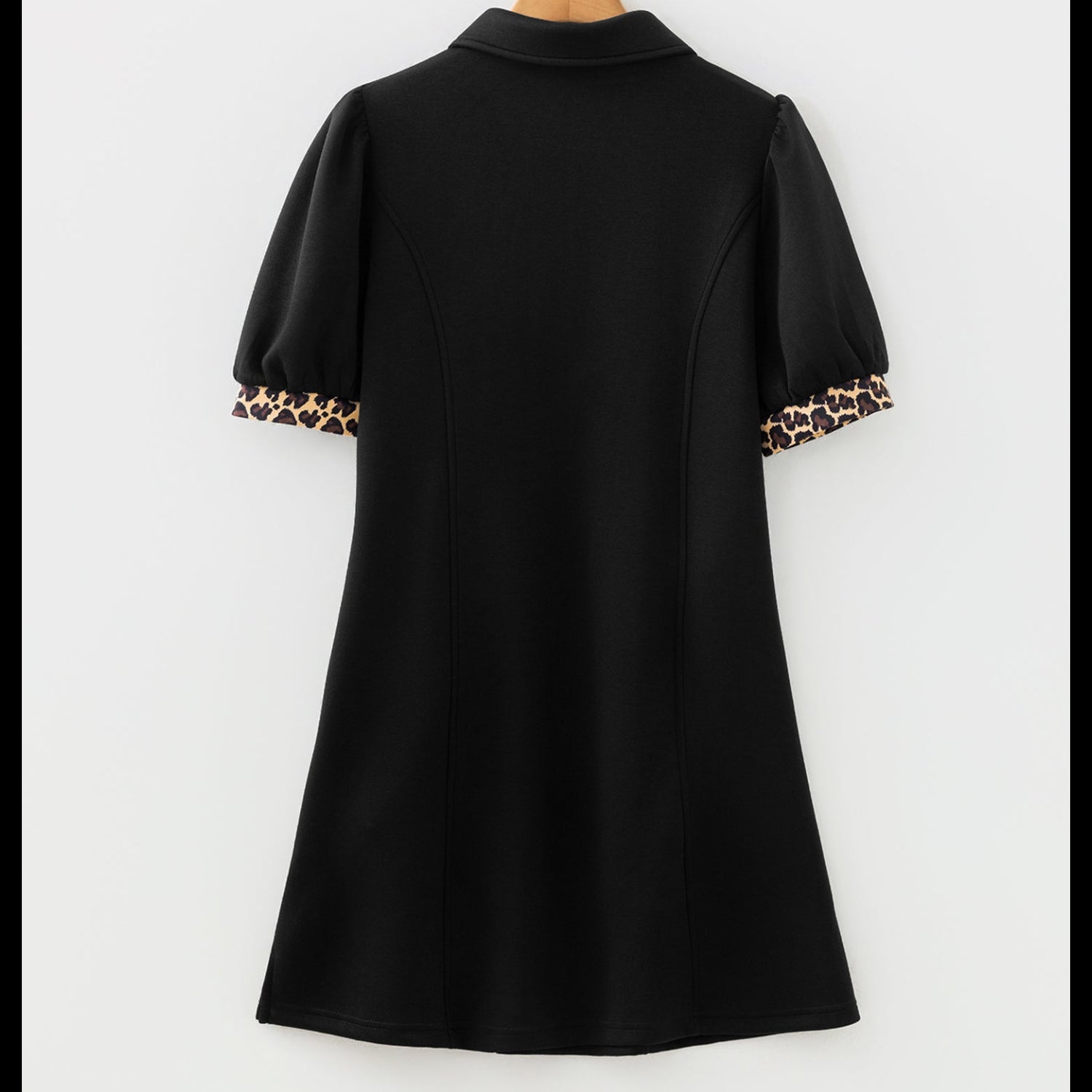 Leopard Trim Zip Collar Mini Dress | Puff Sleeve