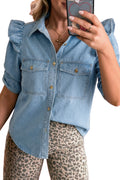 Light Wash Ruffle Shoulder Denim Blouse | Button Front