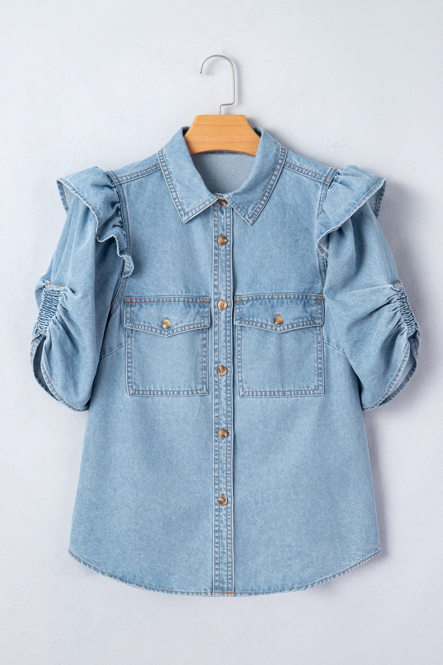 Light Wash Ruffle Shoulder Denim Blouse | Button Front