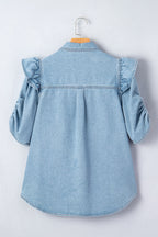 Light Wash Ruffle Shoulder Denim Blouse | Button Front
