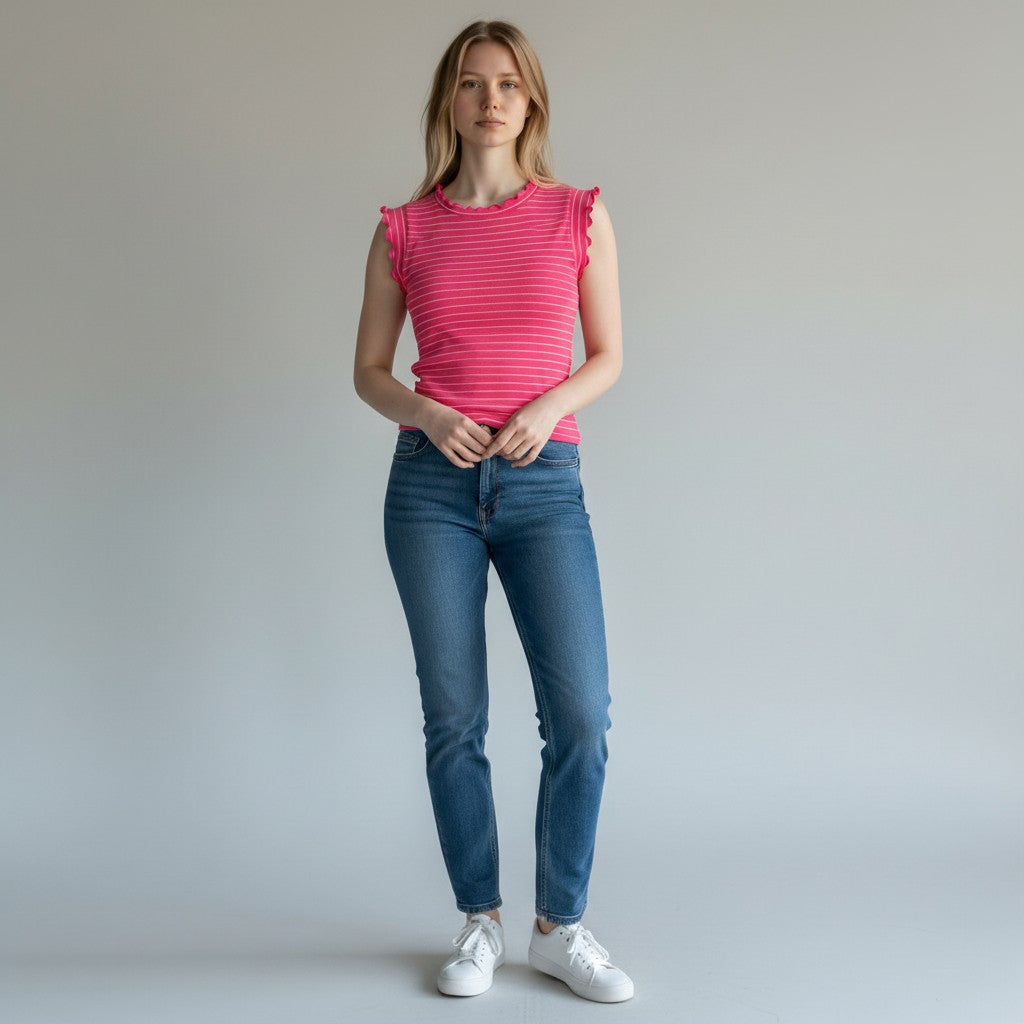 Whimsy Ribbed Lettuce Trim Sleeveless Stripe Top