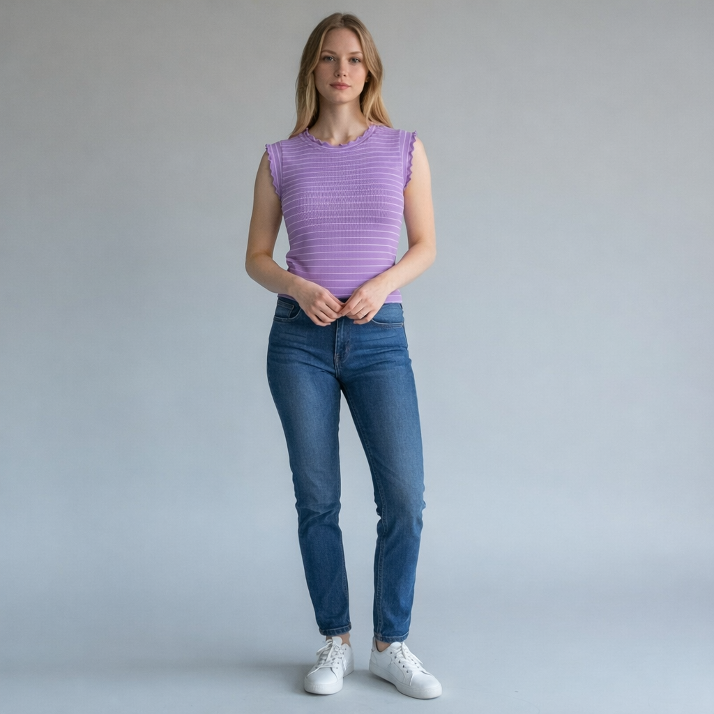 Whimsy Ribbed Lettuce Trim Sleeveless Stripe Top